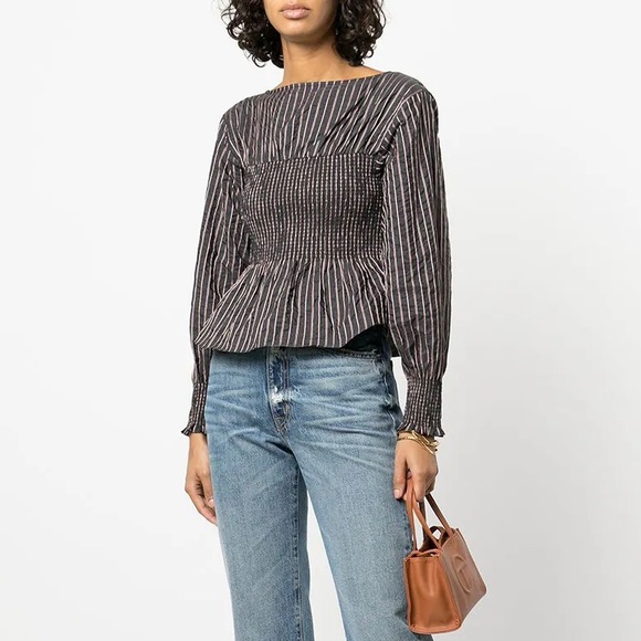 NEW Cinq à Sept Houston Striped Smocked Peplum Top *Graphite/Dark Salmon* Sz L - Picture 4 of 16